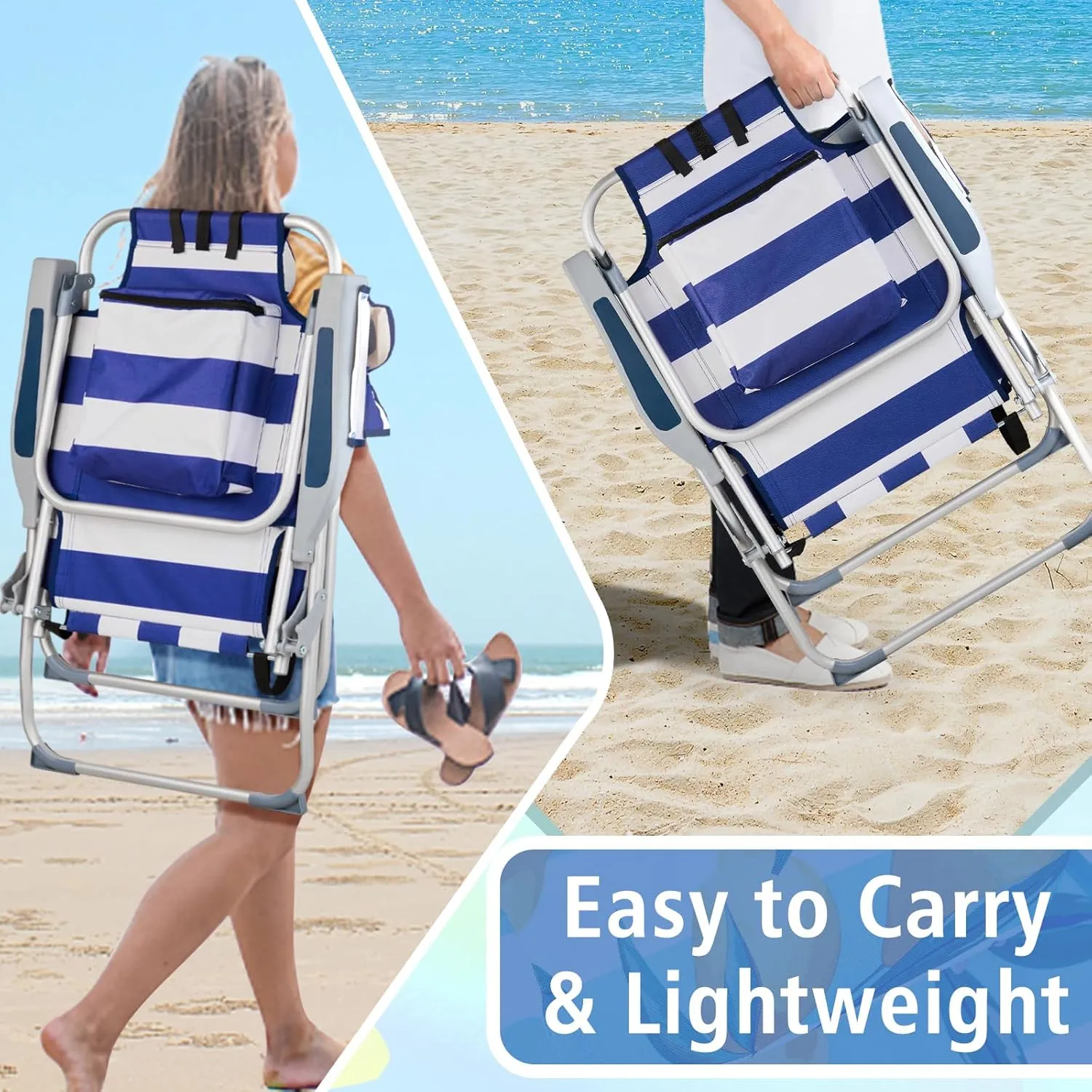 Outvita Backpack Beach Chair, 5 Level Adjustable Positions Beach Chair with Back Storage Bag, Cooler Pouch and Side Bags for Beach Poolside Lawn