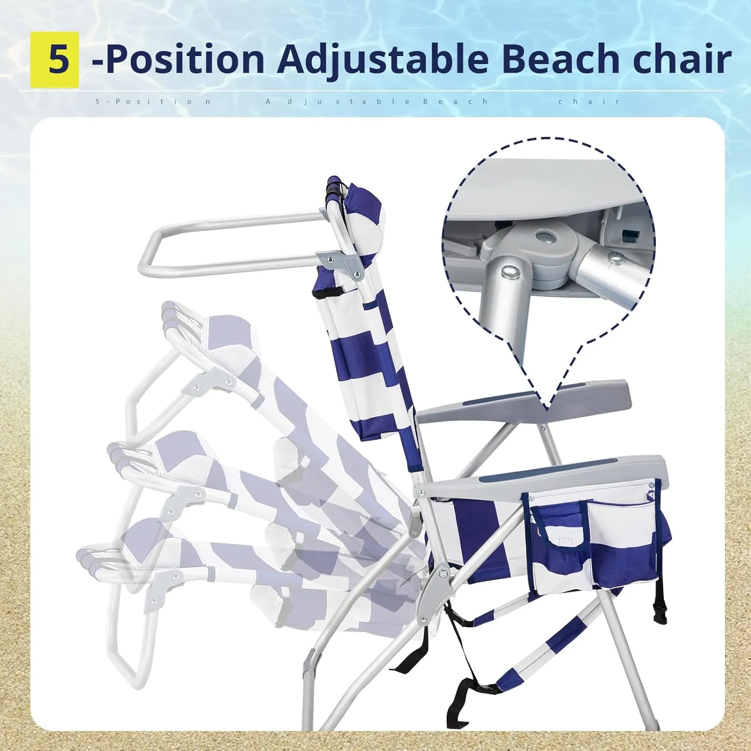 Outvita Backpack Beach Chair, 5 Level Adjustable Positions Beach Chair with Back Storage Bag, Cooler Pouch and Side Bags for Beach Poolside Lawn