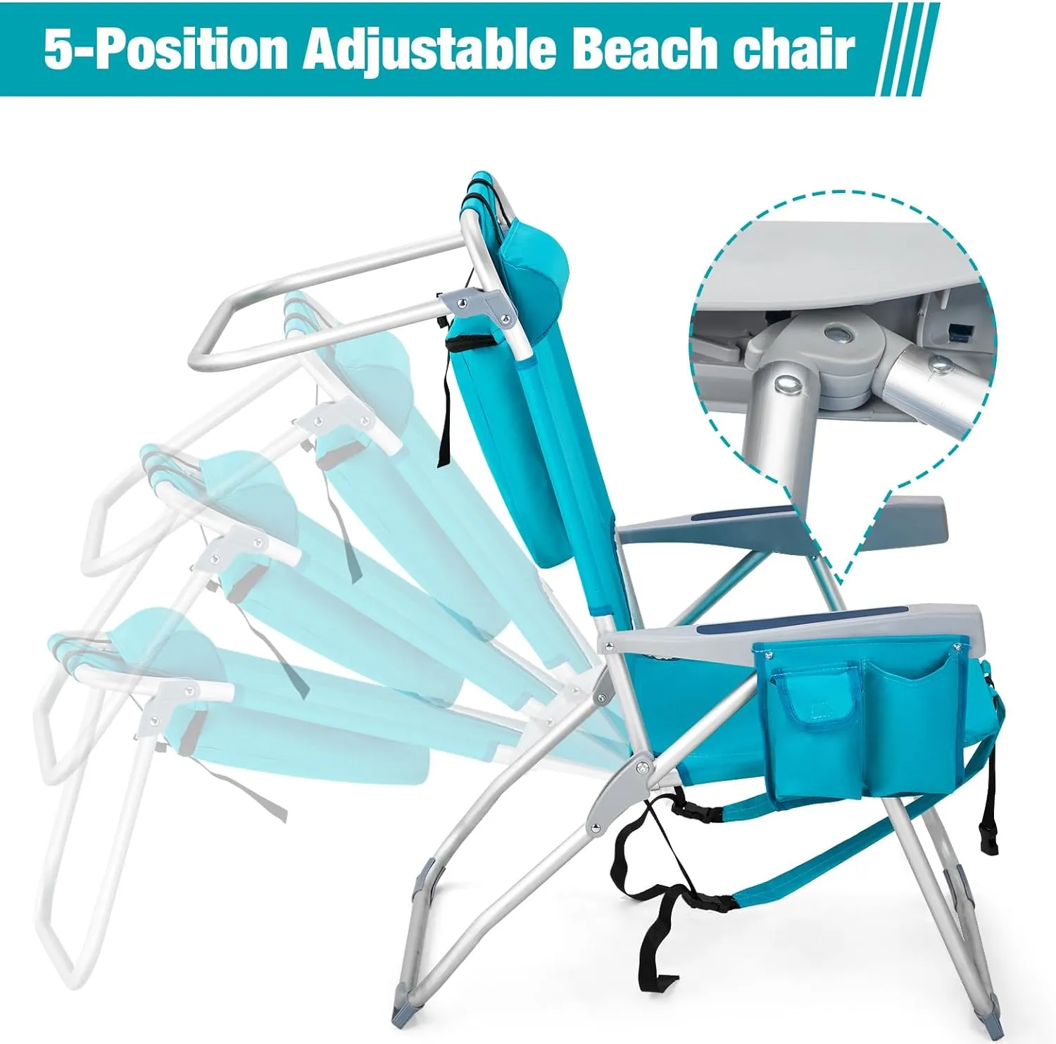 Outvita Backpack Beach Chair, 5 Level Adjustable Positions Beach Chair with Back Storage Bag, Cooler Pouch and Side Bags for Beach Poolside Lawn