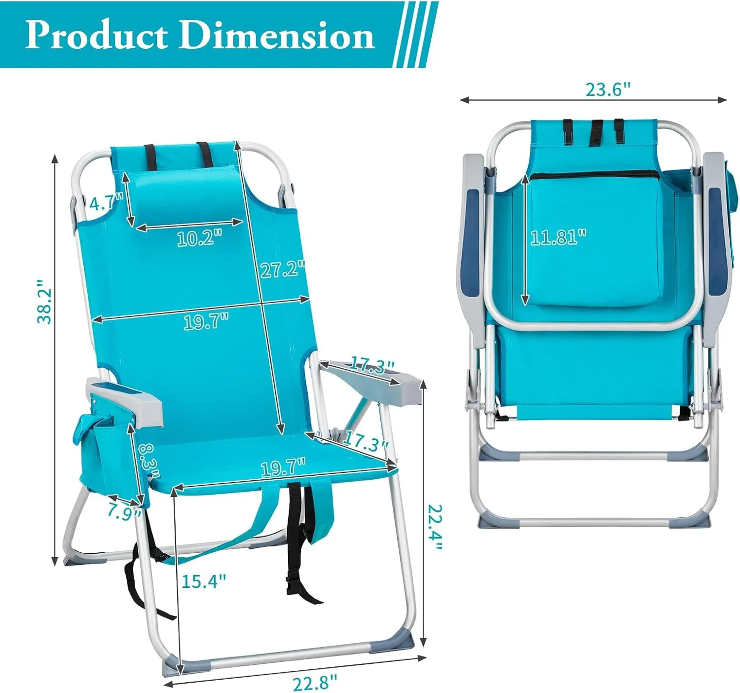 Outvita Backpack Beach Chair, 5 Level Adjustable Positions Beach Chair with Back Storage Bag, Cooler Pouch and Side Bags for Beach Poolside Lawn