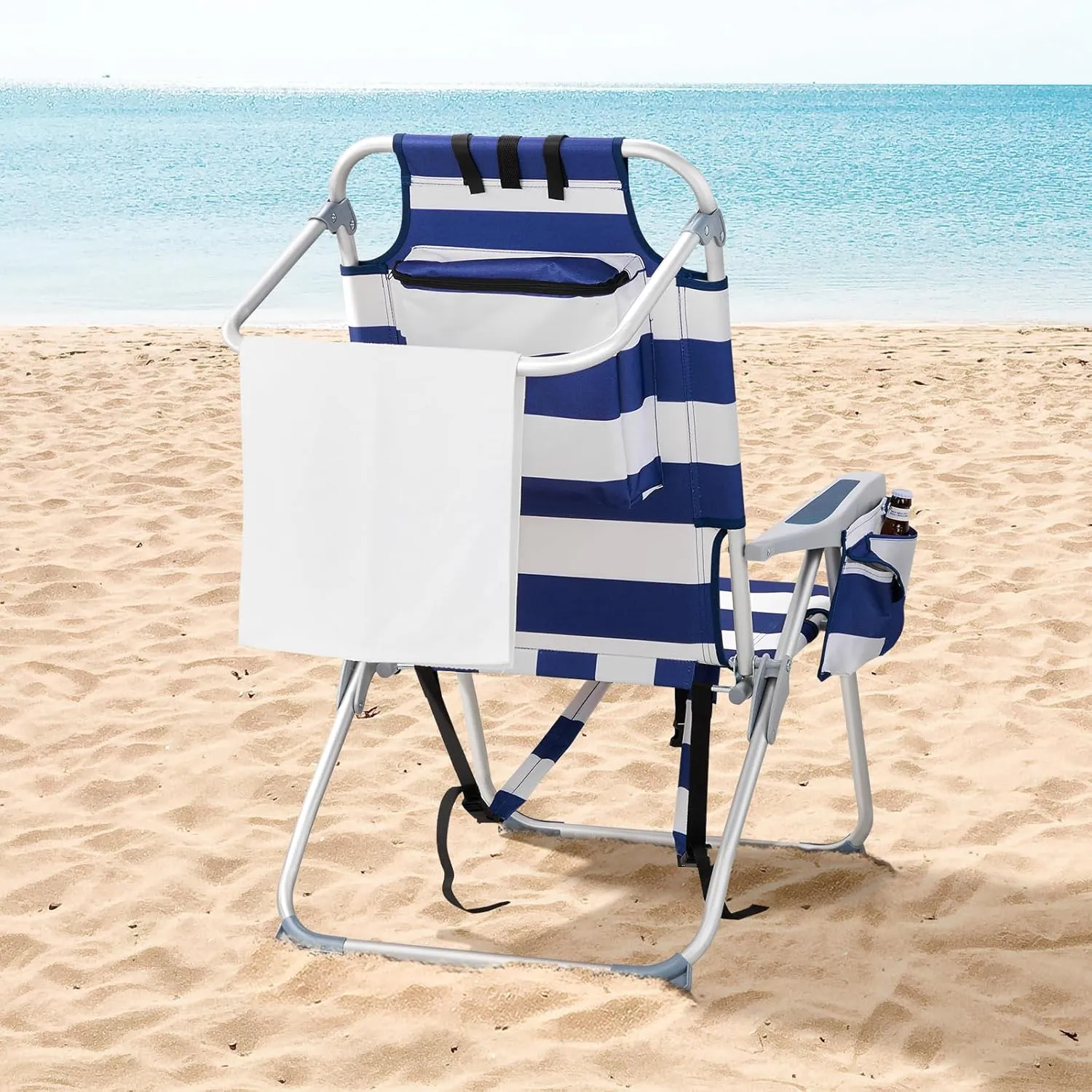 Outvita Backpack Beach Chair, 5 Level Adjustable Positions Beach Chair with Back Storage Bag, Cooler Pouch and Side Bags for Beach Poolside Lawn