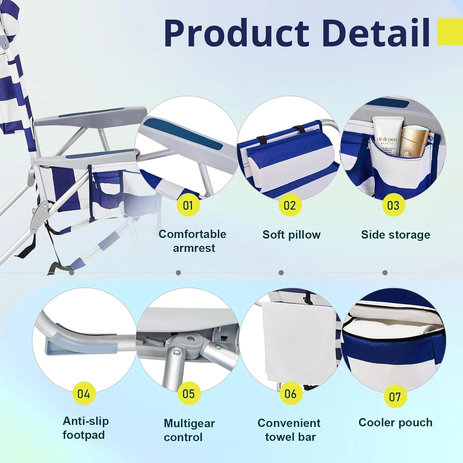 Outvita Backpack Beach Chair, 5 Level Adjustable Positions Beach Chair with Back Storage Bag, Cooler Pouch and Side Bags for Beach Poolside Lawn