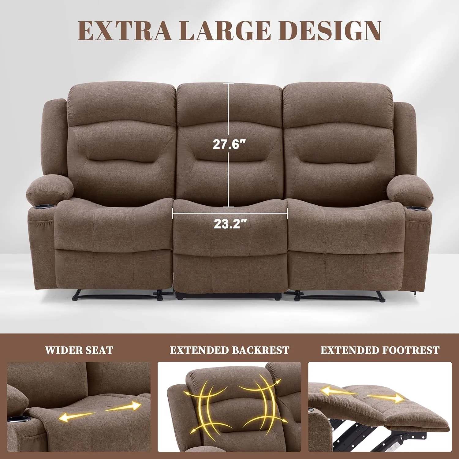 Oversized Recliner Sofa with Heat and Massage, Wall-Hugger Reclining Sofa with USB Port and Cup Holders, Large Big 3-Seater RV Recliner Sofa Couch for Living Room (Fabric, Brown)