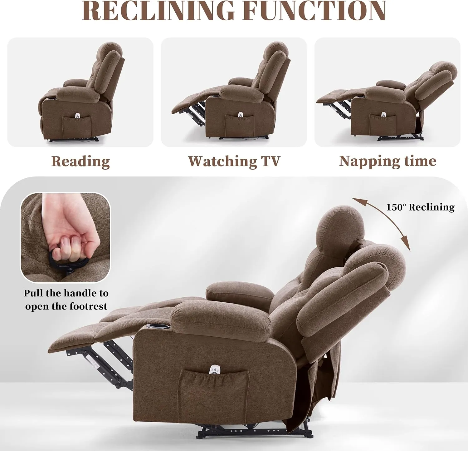 Oversized Recliner Sofa with Heat and Massage, Wall-Hugger Reclining Sofa with USB Port and Cup Holders, Large Big 3-Seater RV Recliner Sofa Couch for Living Room (Fabric, Brown)