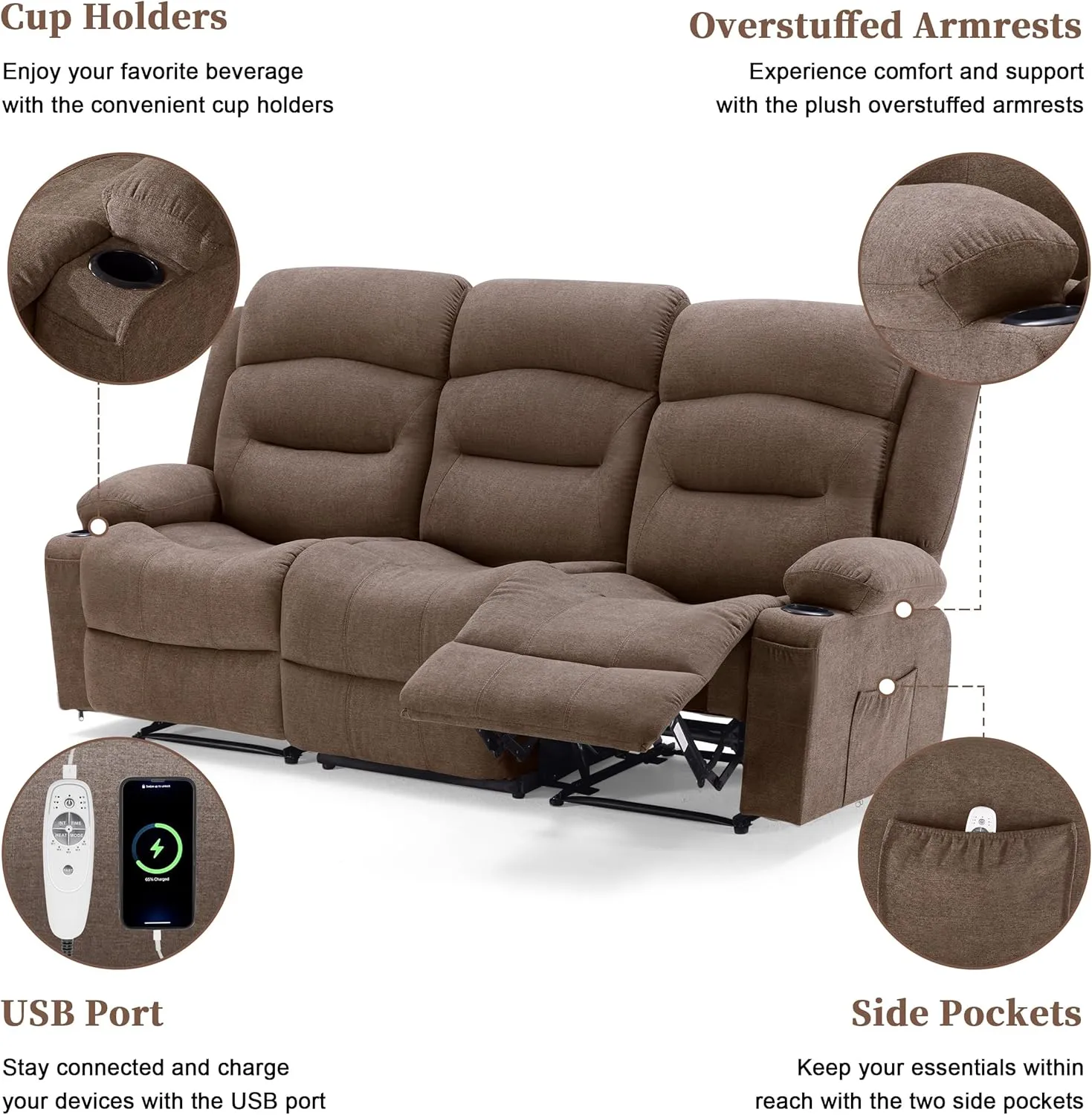 Oversized Recliner Sofa with Heat and Massage, Wall-Hugger Reclining Sofa with USB Port and Cup Holders, Large Big 3-Seater RV Recliner Sofa Couch for Living Room (Fabric, Brown)