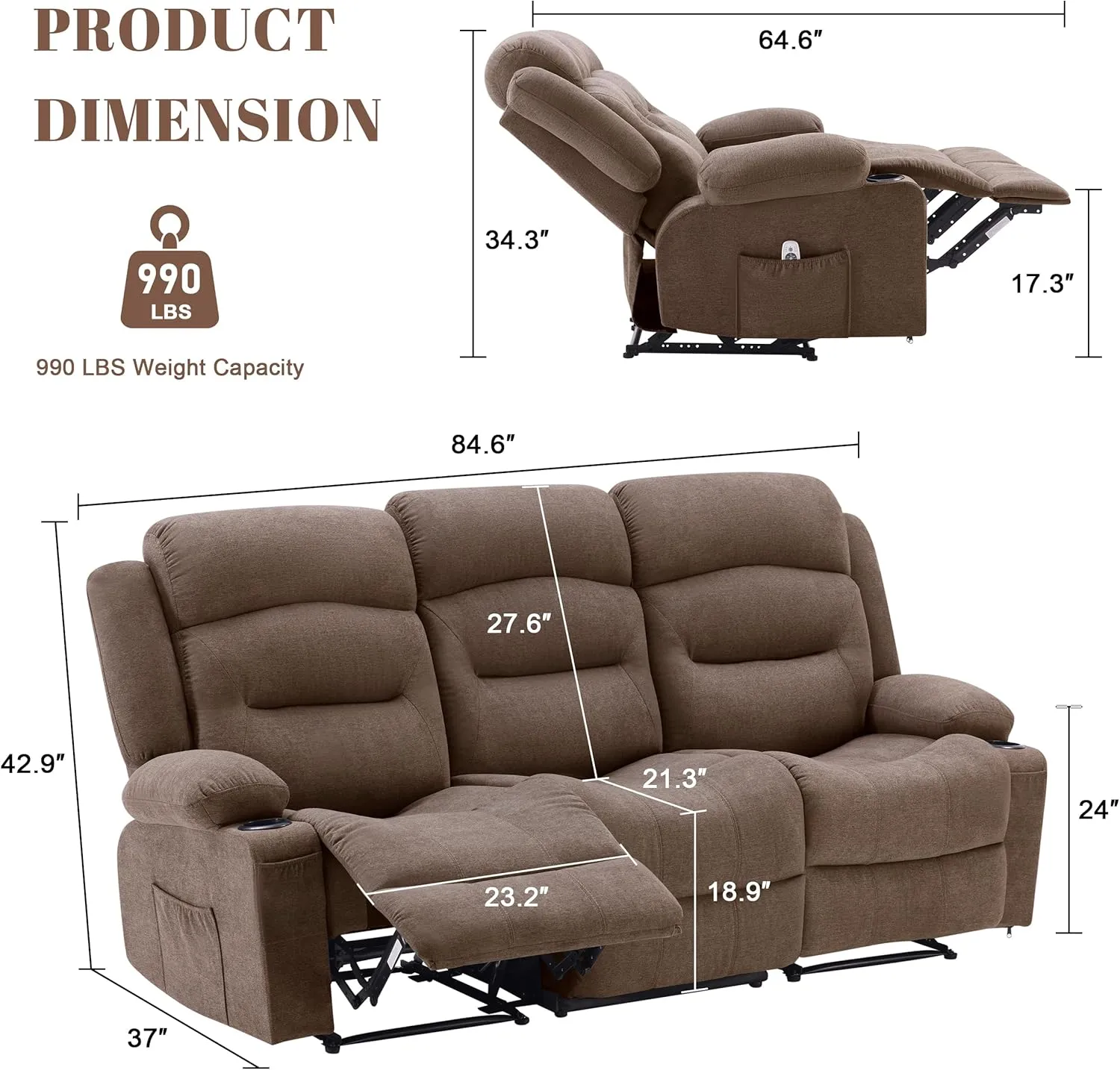 Oversized Recliner Sofa with Heat and Massage, Wall-Hugger Reclining Sofa with USB Port and Cup Holders, Large Big 3-Seater RV Recliner Sofa Couch for Living Room (Fabric, Brown)