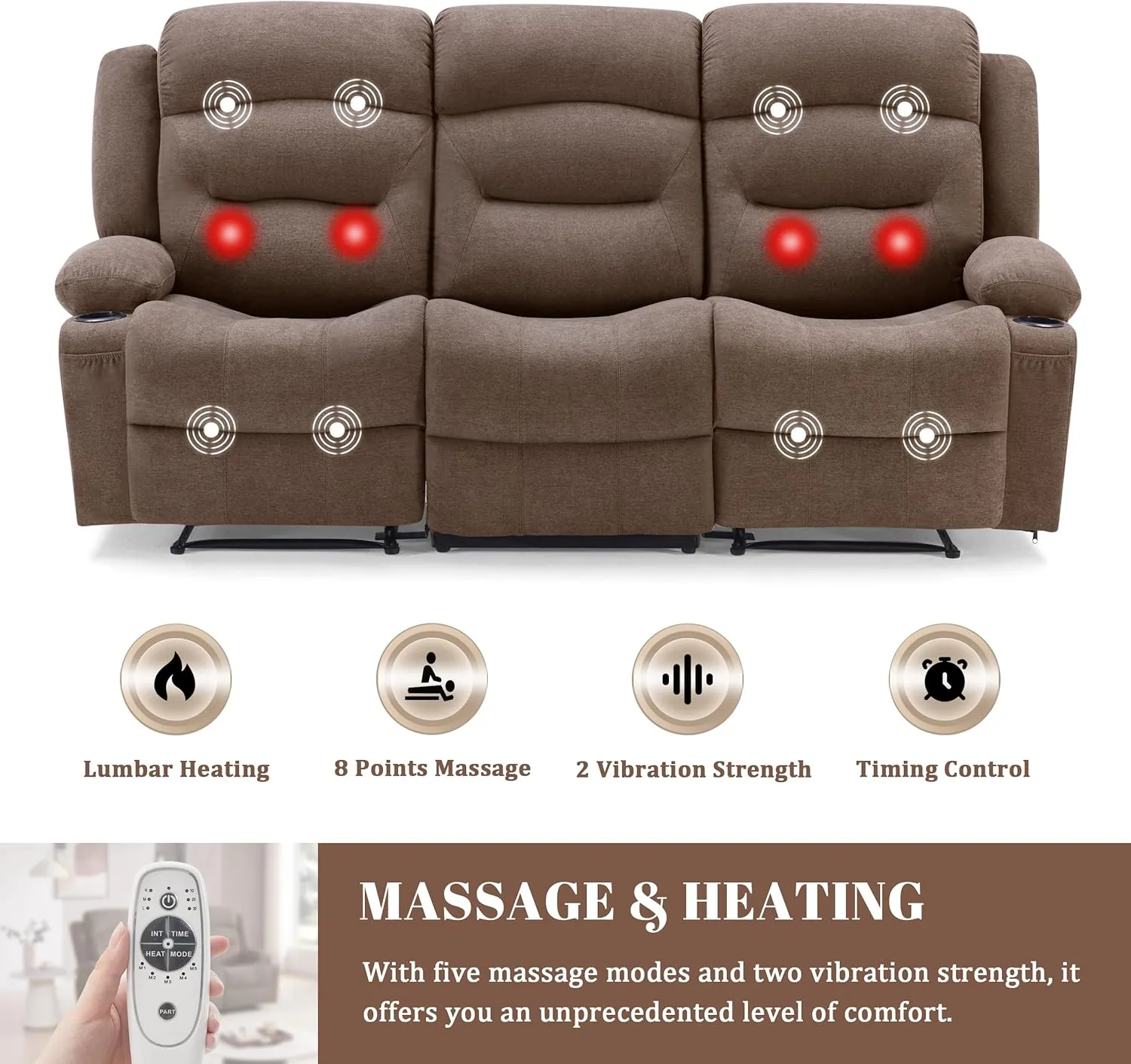 Oversized Recliner Sofa with Heat and Massage, Wall-Hugger Reclining Sofa with USB Port and Cup Holders, Large Big 3-Seater RV Recliner Sofa Couch for Living Room (Fabric, Brown)