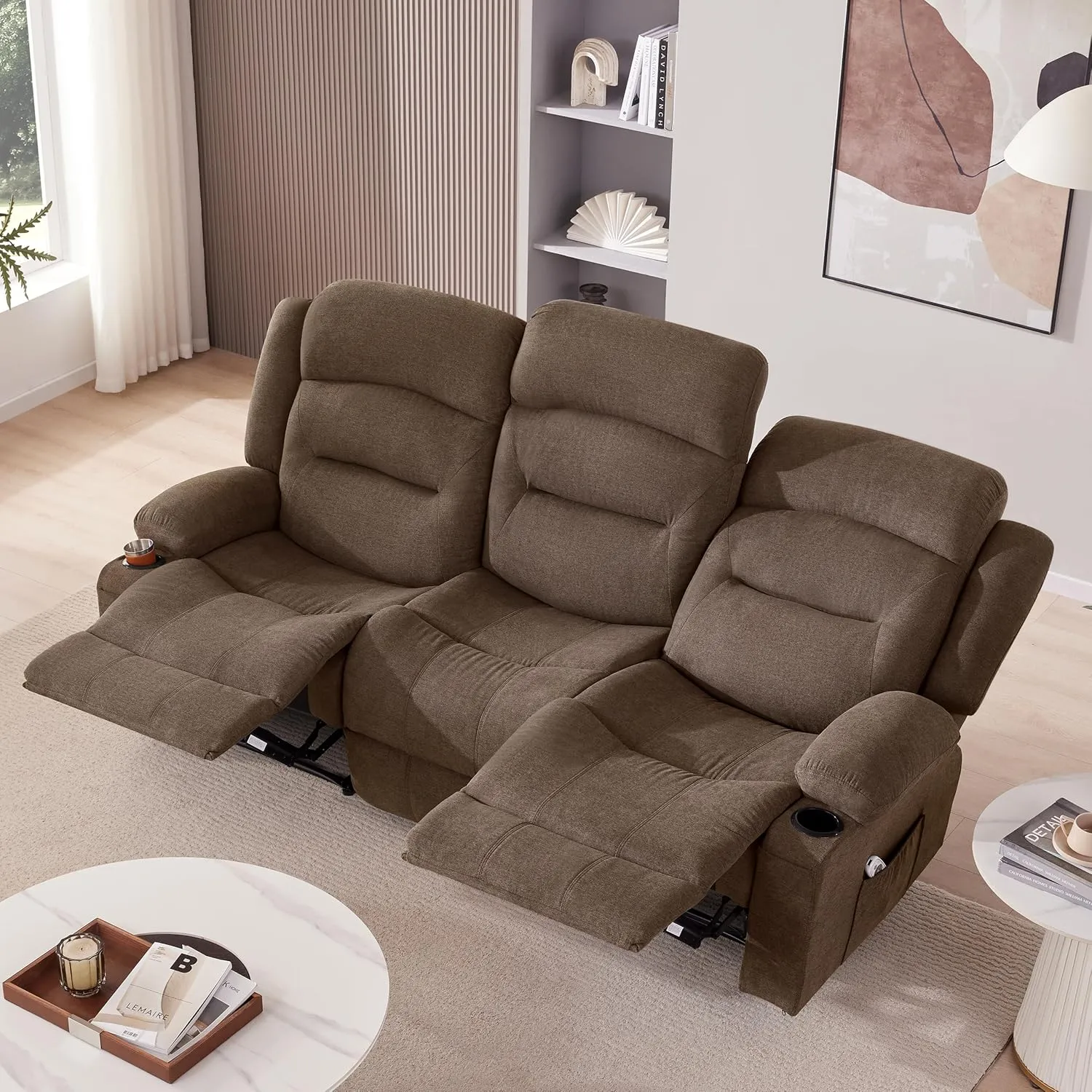 Oversized Recliner Sofa with Heat and Massage, Wall-Hugger Reclining Sofa with USB Port and Cup Holders, Large Big 3-Seater RV Recliner Sofa Couch for Living Room (Fabric, Brown)