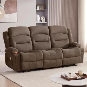 Oversized Recliner Sofa with Heat and Massage, Wall-Hugger Reclining Sofa with USB Port and Cup Holders, Large Big 3-Seater RV Recliner Sofa Couch for Living Room (Fabric, Brown)