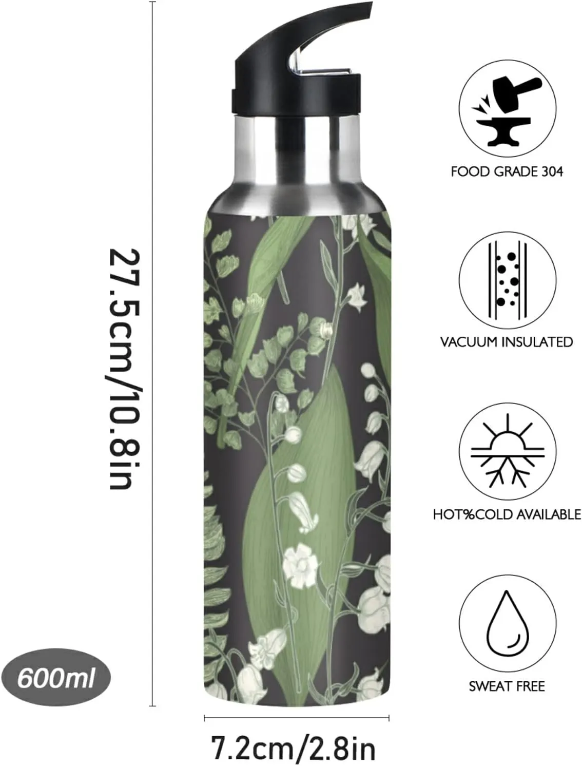 Oyihfvs Sports Stainless Steel Water Bottle 20 Oz, with Straw Lid Vacuum Insulated Leakproof Thermo Flask, Great for Fitness Outdoor