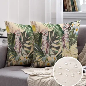Pack of 2 Decorative Square Throw Pillow Cover Waterproof Linen Flower Feminine Tropical Painting Floral Exotic Vintage Design Plumeria Pattern Leaf California Pillow Case for Outdoor 20x20 Inch