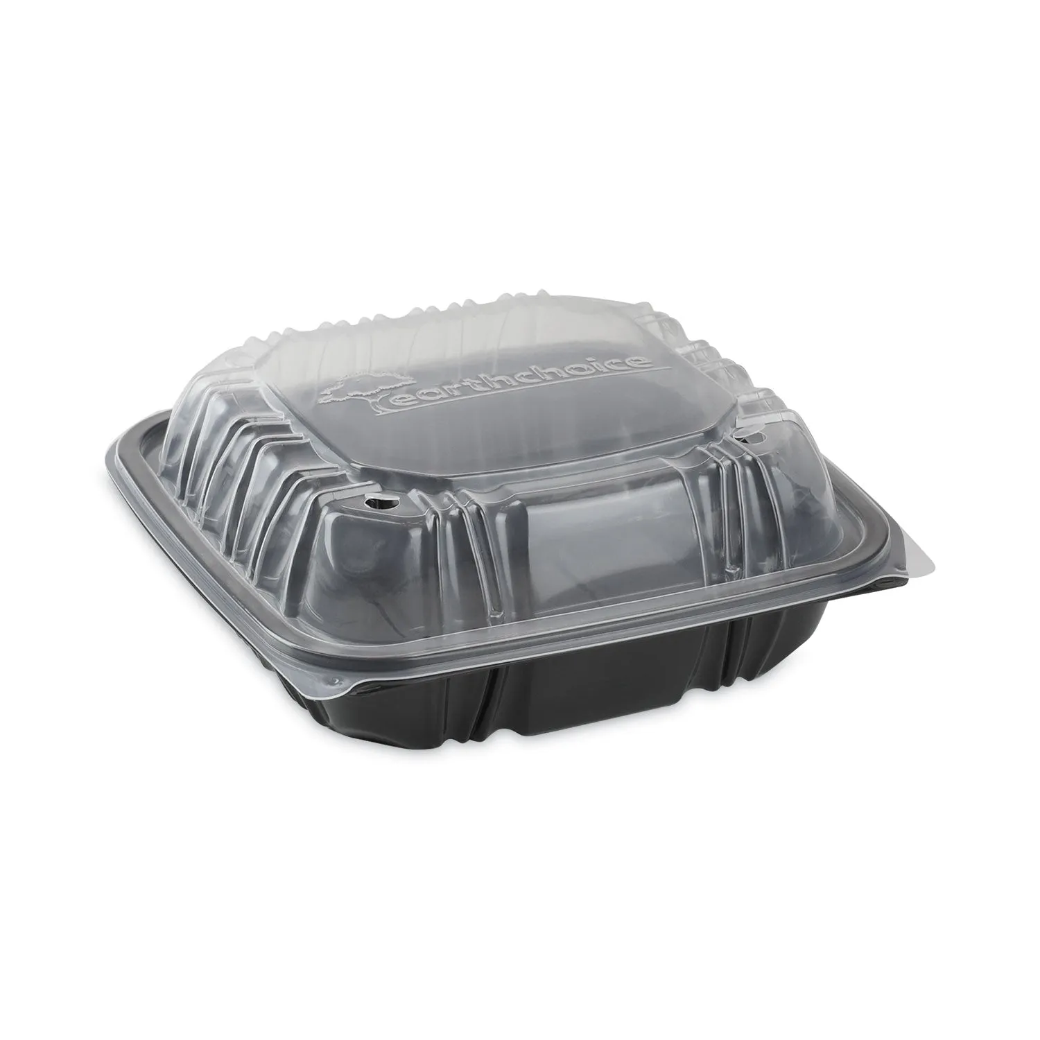 Pactiv Evergreen EarthChoice Vented Dual Color Microwavable Hinged Lid Container, 38 oz, 8.5 x 8.5 x 3, Black/Clear, Plastic, 150/Carton