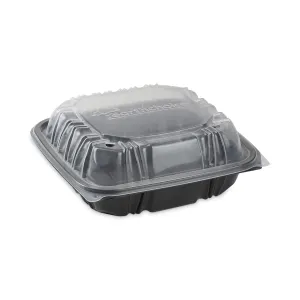 Pactiv Evergreen EarthChoice Vented Dual Color Microwavable Hinged Lid Container, 38 oz, 8.5 x 8.5 x 3, Black/Clear, Plastic, 150/Carton