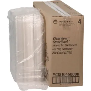 Pactiv Evergreen Hinged Lid Hot Dog Container, 6.5 x 2.25 x 2.75, Clear, Plastic, 250/Carton