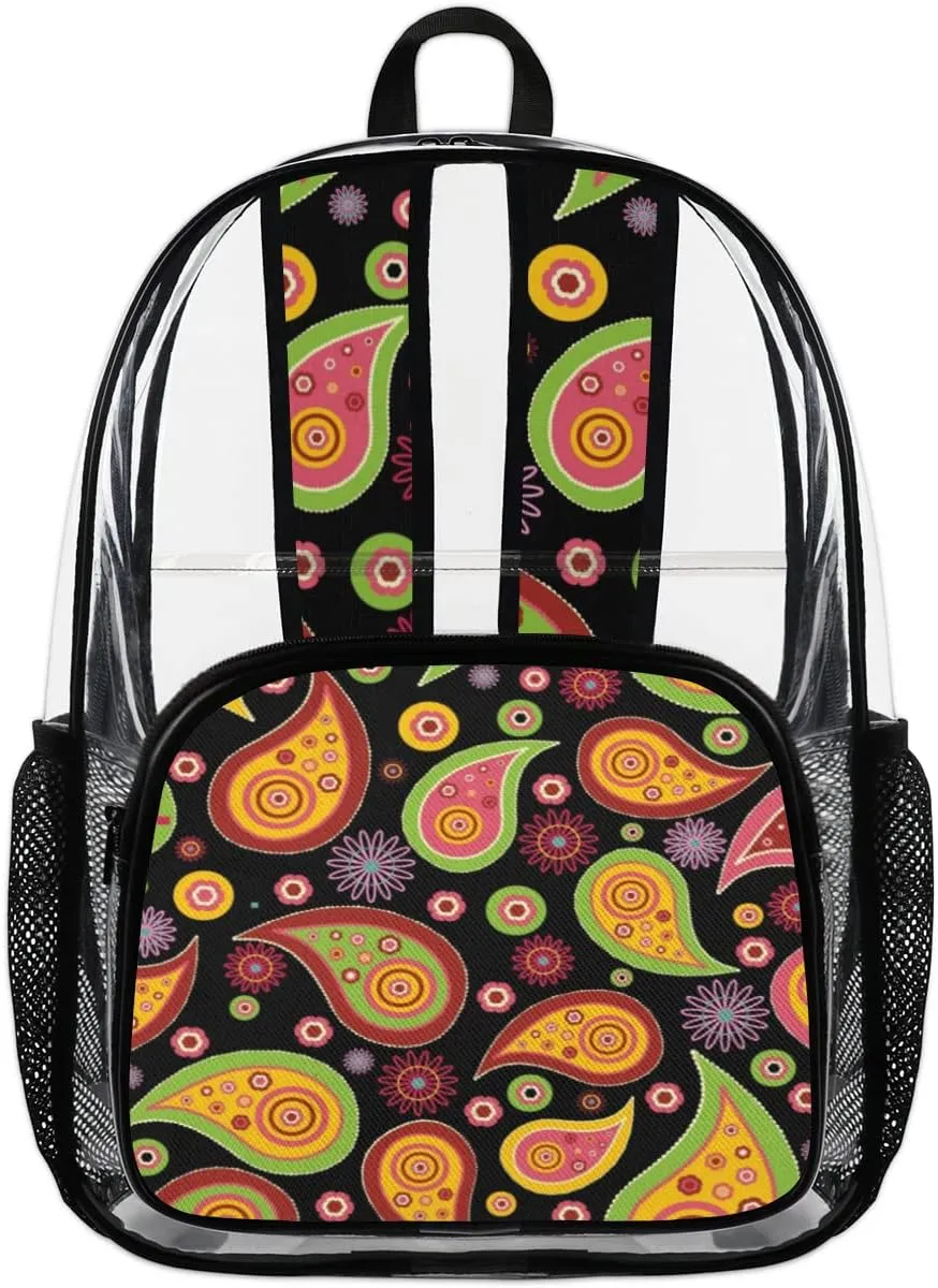 Paisley Pattern Clear Backpack Stadium Approved Heavy Duty PVC Transparent Backpacks Large Laptop Backpack for Work Travel Sports Events Concerts