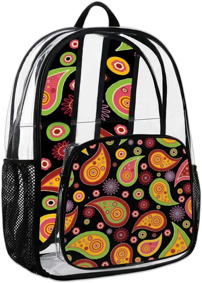 Paisley Pattern Clear Backpack Stadium Approved Heavy Duty PVC Transparent Backpacks Large Laptop Backpack for Work Travel Sports Events Concerts