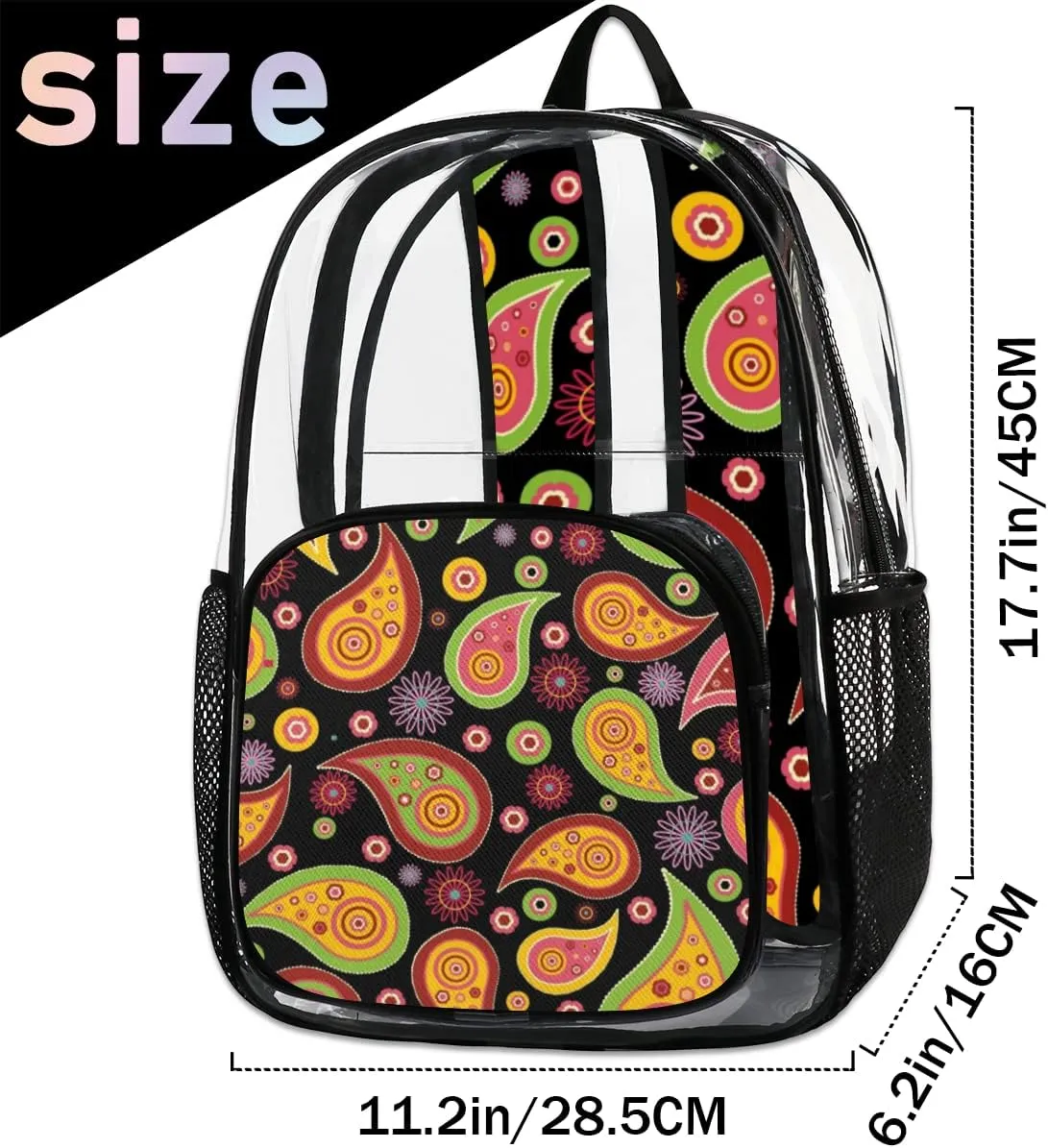 Paisley Pattern Clear Backpack Stadium Approved Heavy Duty PVC Transparent Backpacks Large Laptop Backpack for Work Travel Sports Events Concerts