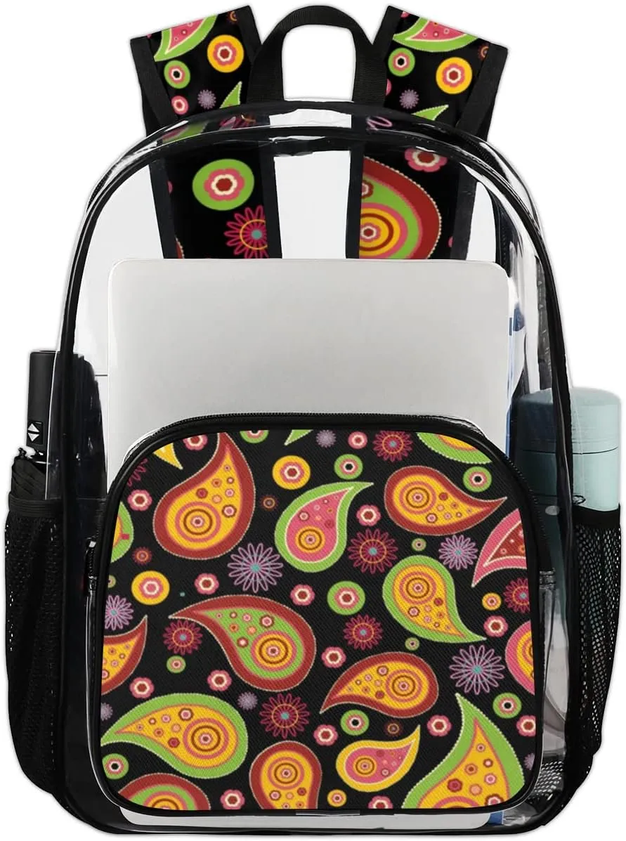 Paisley Pattern Clear Backpack Stadium Approved Heavy Duty PVC Transparent Backpacks Large Laptop Backpack for Work Travel Sports Events Concerts