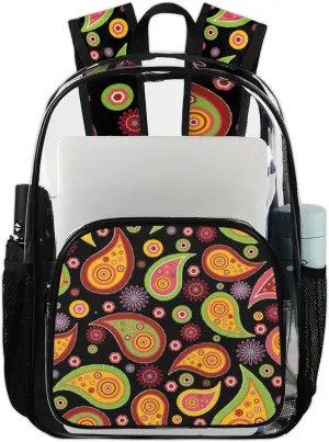 Paisley Pattern Clear Backpack Stadium Approved Heavy Duty PVC Transparent Backpacks Large Laptop Backpack for Work Travel Sports Events Concerts