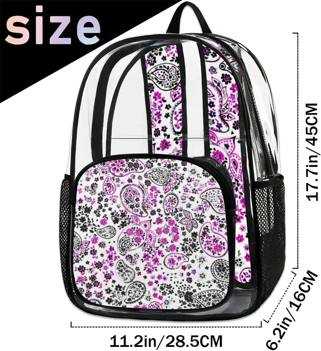 Paisley Seamless Print Clear Backpack Stadium Approved Heavy Duty PVC Transparent Backpacks Large Laptop Backpack for Work Travel Sports Events Concerts