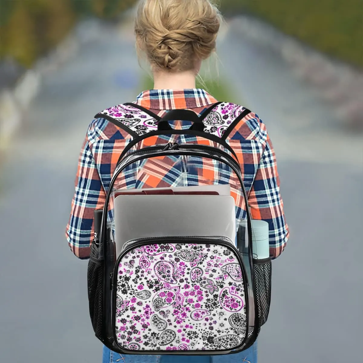 Paisley Seamless Print Clear Backpack Stadium Approved Heavy Duty PVC Transparent Backpacks Large Laptop Backpack for Work Travel Sports Events Concerts