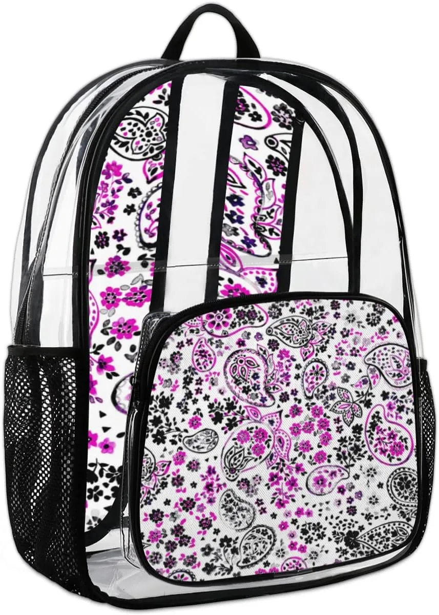Paisley Seamless Print Clear Backpack Stadium Approved Heavy Duty PVC Transparent Backpacks Large Laptop Backpack for Work Travel Sports Events Concerts