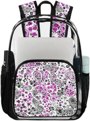 Paisley Seamless Print Clear Backpack Stadium Approved Heavy Duty PVC Transparent Backpacks Large Laptop Backpack for Work Travel Sports Events Concerts
