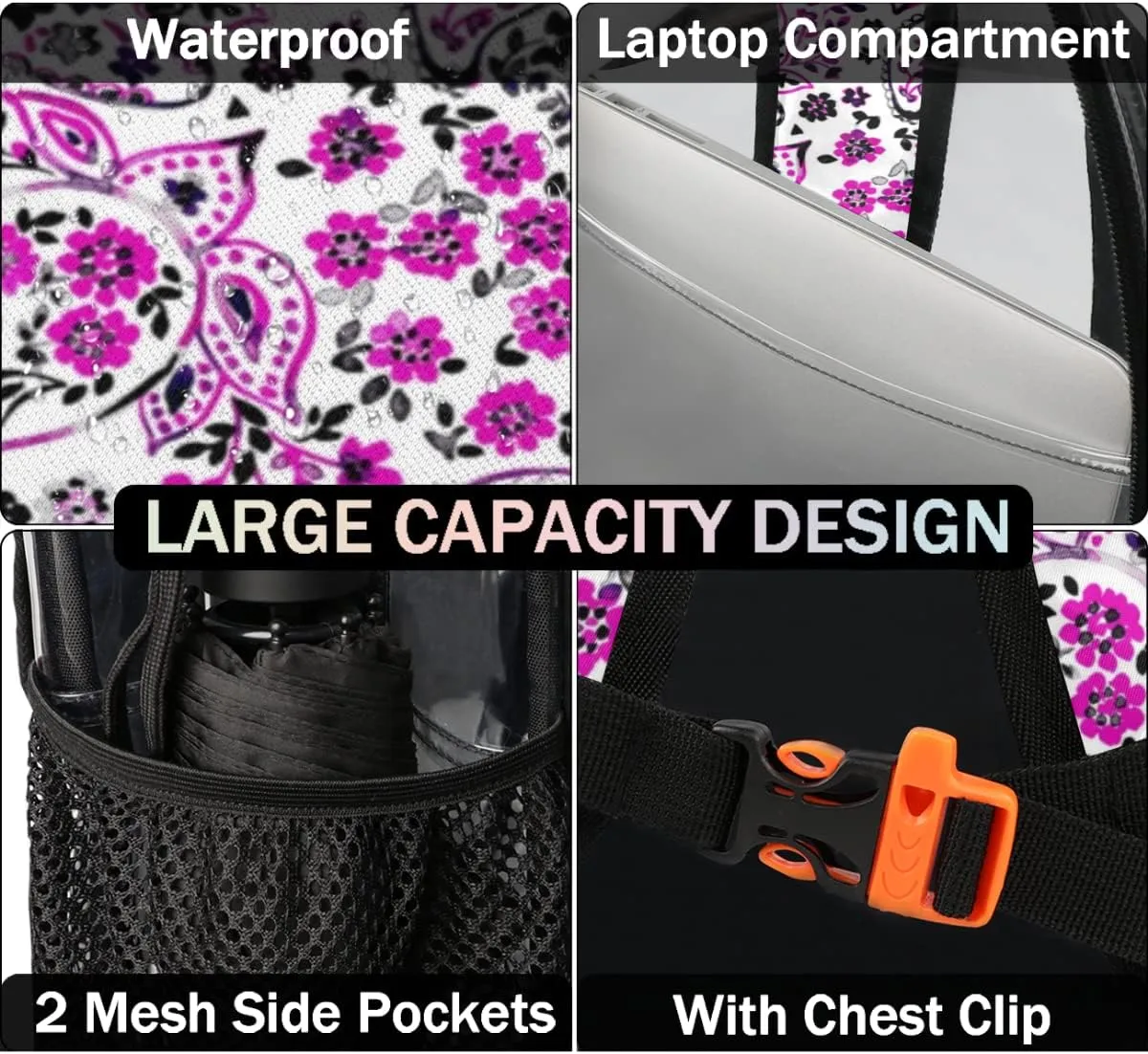 Paisley Seamless Print Clear Backpack Stadium Approved Heavy Duty PVC Transparent Backpacks Large Laptop Backpack for Work Travel Sports Events Concerts