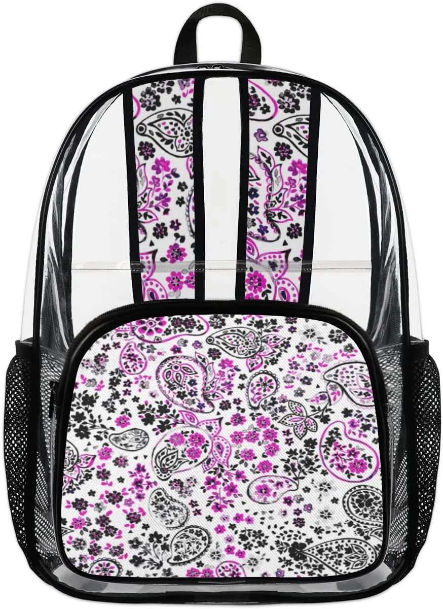 Paisley Seamless Print Clear Backpack Stadium Approved Heavy Duty PVC Transparent Backpacks Large Laptop Backpack for Work Travel Sports Events Concerts