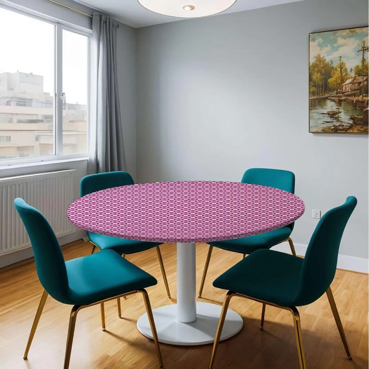 Pale Pink Round Table Cloth with Elastic Edged Flower Petals on Square Striped Girls Round Fitted Table Cover The Ultimate Protection for Your Table Abstract Fit for 48"-51" Table