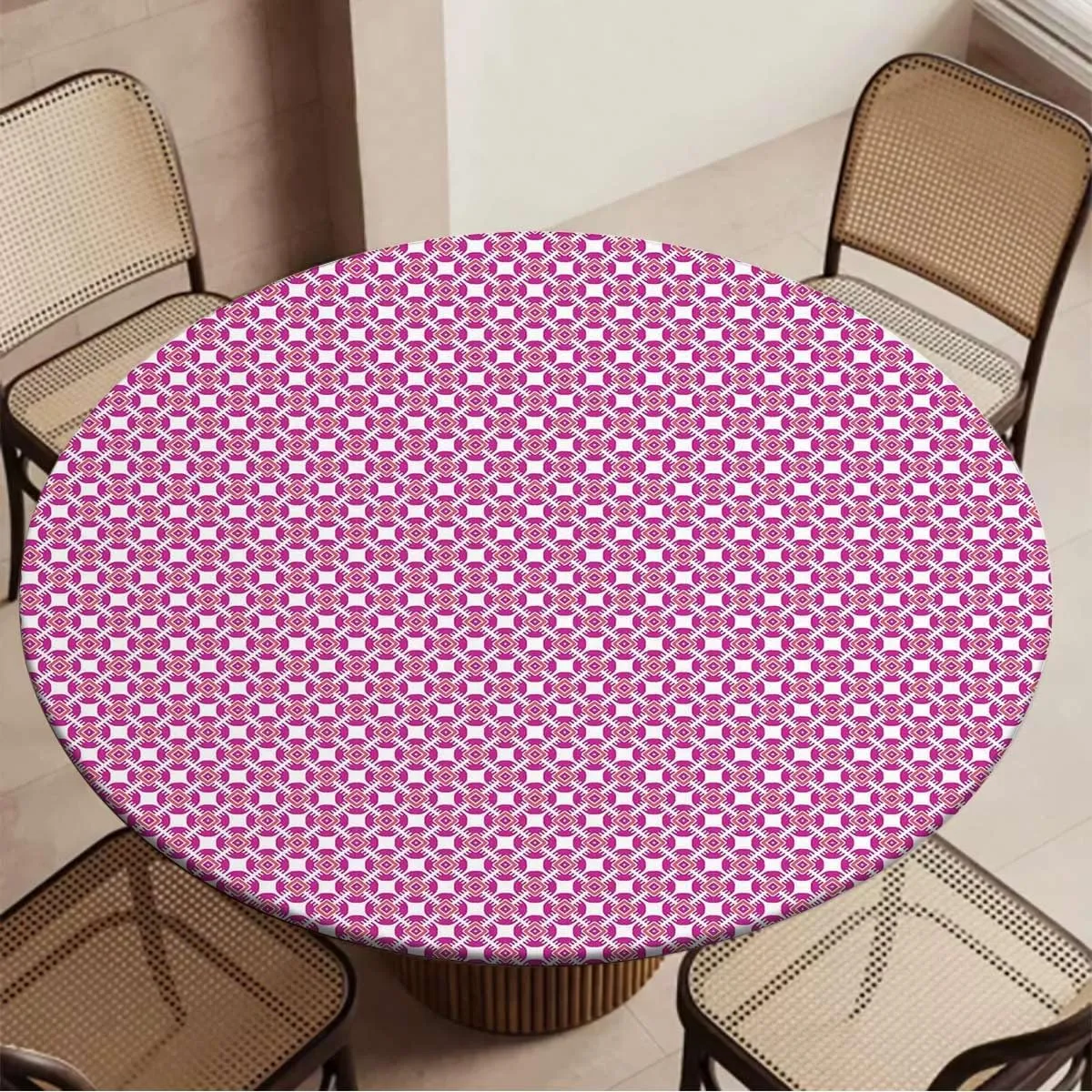 Pale Pink Round Table Cloth with Elastic Edged Flower Petals on Square Striped Girls Round Fitted Table Cover The Ultimate Protection for Your Table Abstract Fit for 48"-51" Table