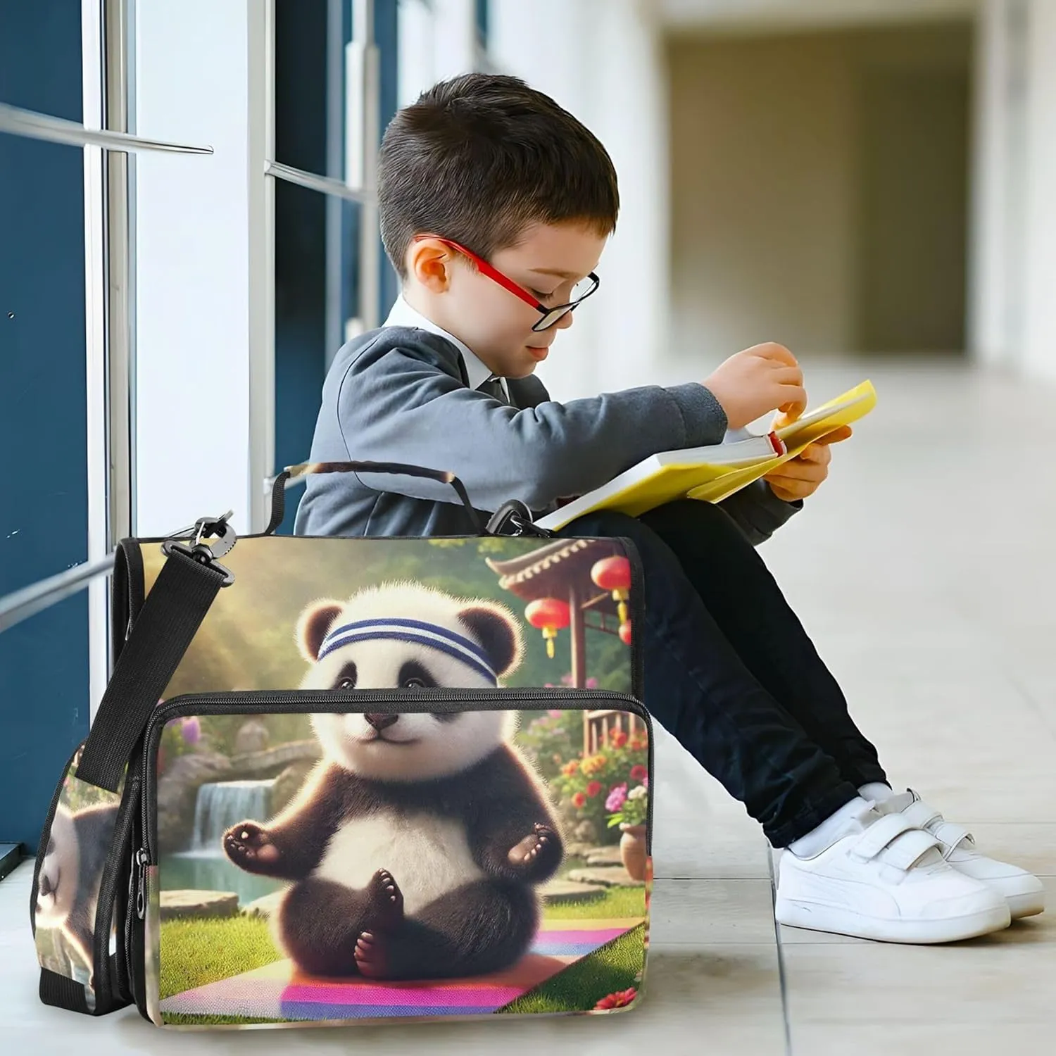 Panda Yoga Peaceful Moment 1 1/2 Inch Binders 3 Ring Zippered Binder Organizer School Binders Bag with Shoulder Strap Colorful Storage Portfolio Case with Handle