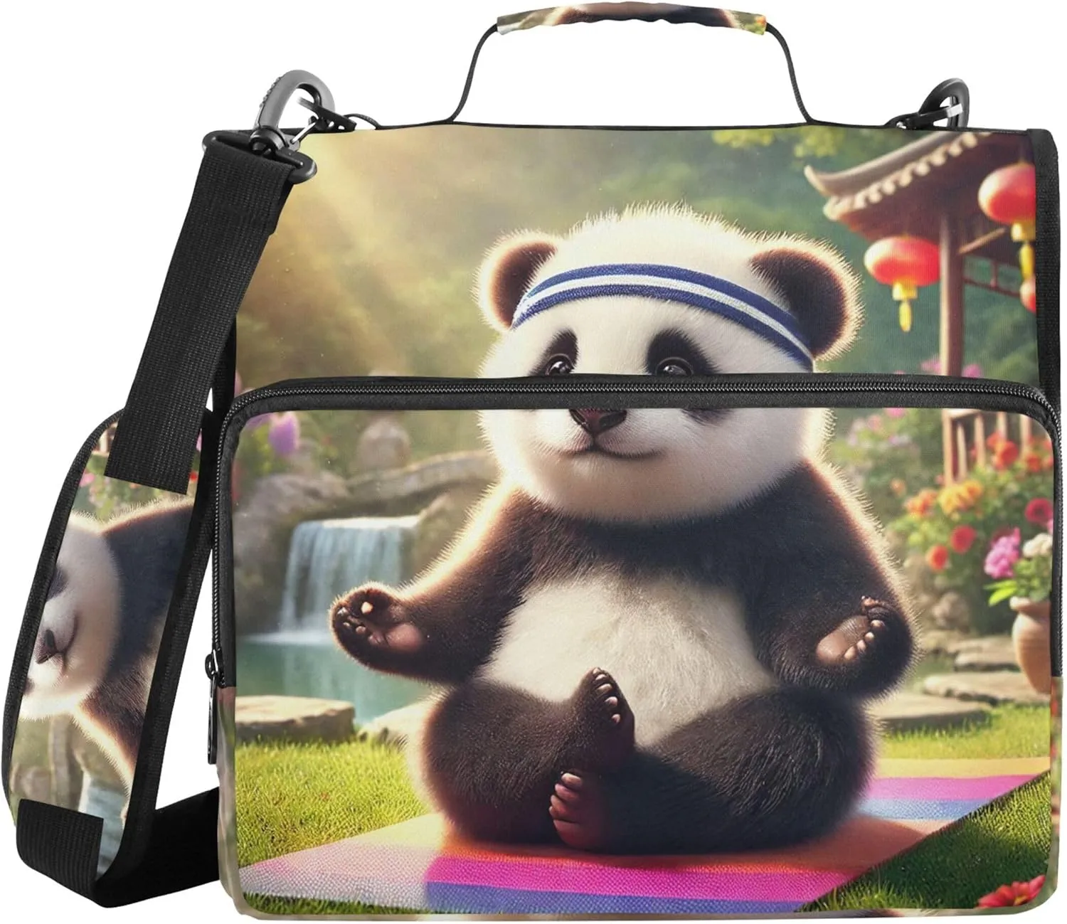 Panda Yoga Peaceful Moment 1 1/2 Inch Binders 3 Ring Zippered Binder Organizer School Binders Bag with Shoulder Strap Colorful Storage Portfolio Case with Handle