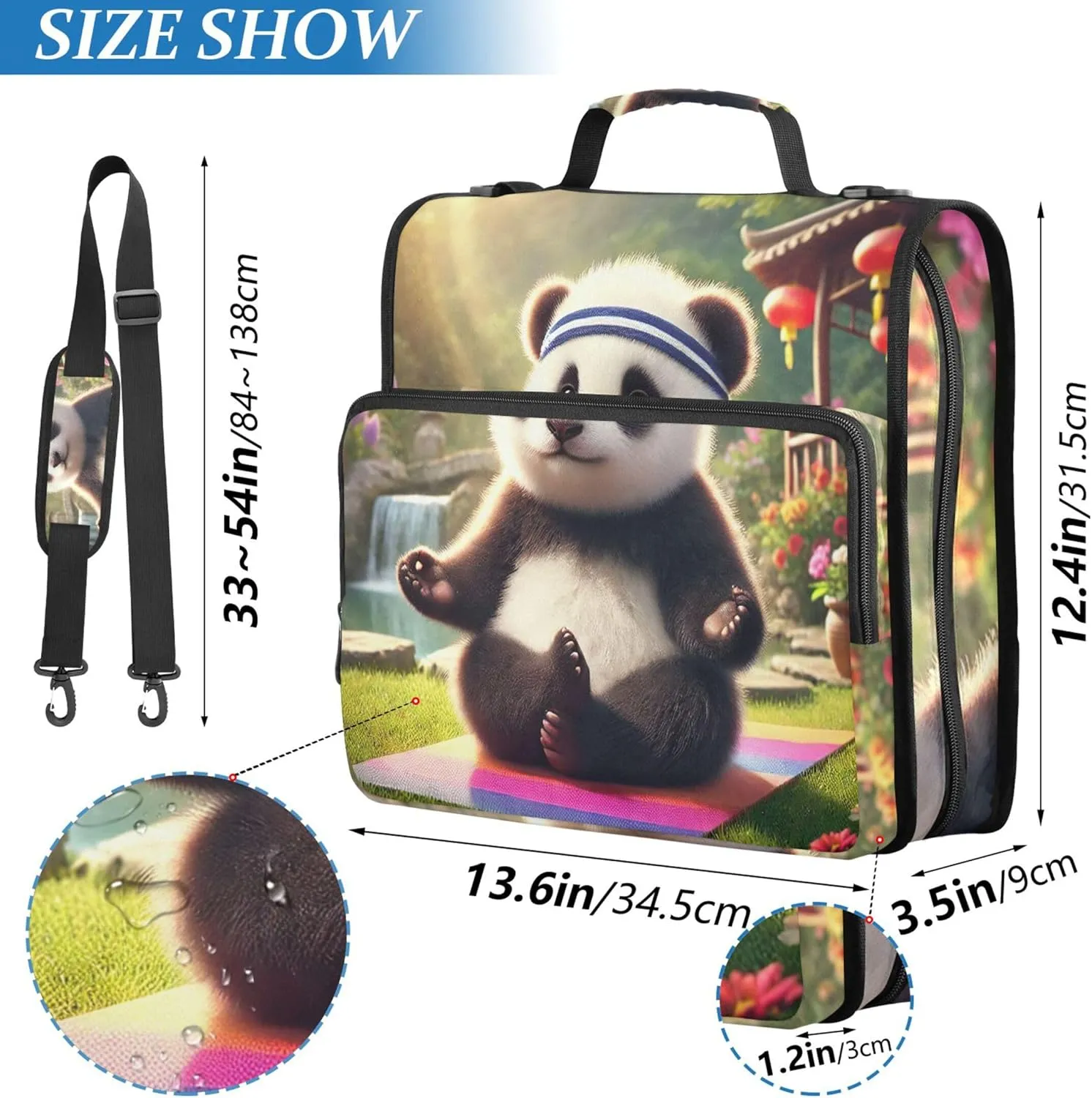 Panda Yoga Peaceful Moment 1 1/2 Inch Binders 3 Ring Zippered Binder Organizer School Binders Bag with Shoulder Strap Colorful Storage Portfolio Case with Handle