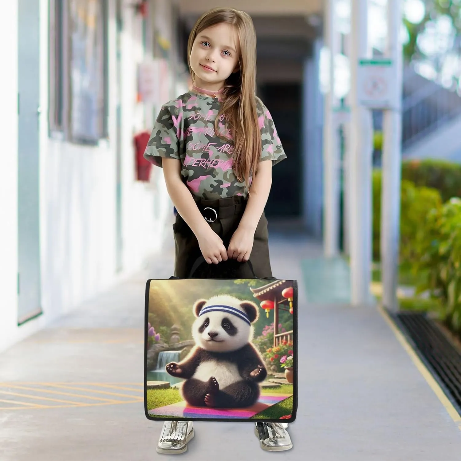 Panda Yoga Peaceful Moment 1 1/2 Inch Binders 3 Ring Zippered Binder Organizer School Binders Bag with Shoulder Strap Colorful Storage Portfolio Case with Handle