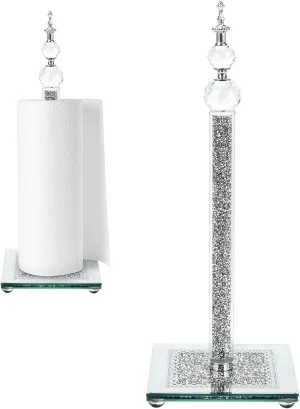 Paper Towel Holder Stand, Countertop Paper Towel Roll Dispenser Holders with Cube Base, Tissue Countertop Filled with Sparkly Crystal Crushed Diamond House Decor for Kitchen Bathroom (Silver-Square)