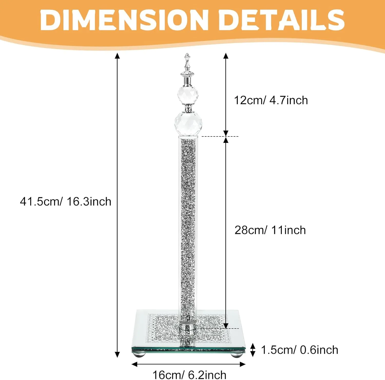 Paper Towel Holder Stand, Countertop Paper Towel Roll Dispenser Holders with Cube Base, Tissue Countertop Filled with Sparkly Crystal Crushed Diamond House Decor for Kitchen Bathroom (Silver-Square)