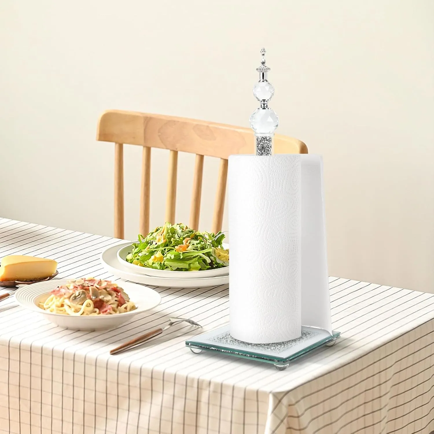 Paper Towel Holder Stand, Countertop Paper Towel Roll Dispenser Holders with Cube Base, Tissue Countertop Filled with Sparkly Crystal Crushed Diamond House Decor for Kitchen Bathroom (Silver-Square)