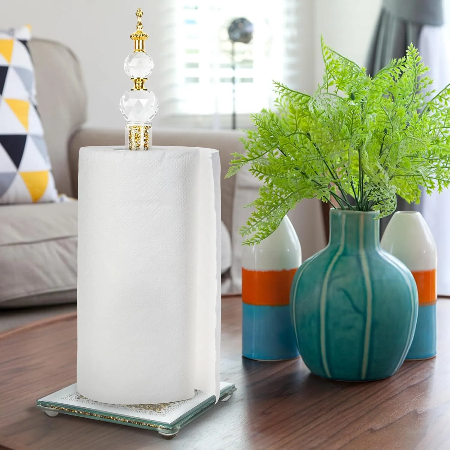 Paper Towel Holder Stand, Countertop Paper Towel Roll Dispenser Holders with Cube Base, Tissue Countertop Filled with Sparkly Crystal Crushed Diamond House Decor for Kitchen Bathroom