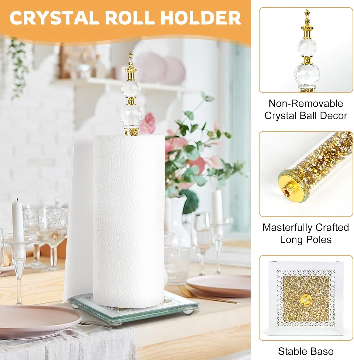 Paper Towel Holder Stand, Countertop Paper Towel Roll Dispenser Holders with Cube Base, Tissue Countertop Filled with Sparkly Crystal Crushed Diamond House Decor for Kitchen Bathroom
