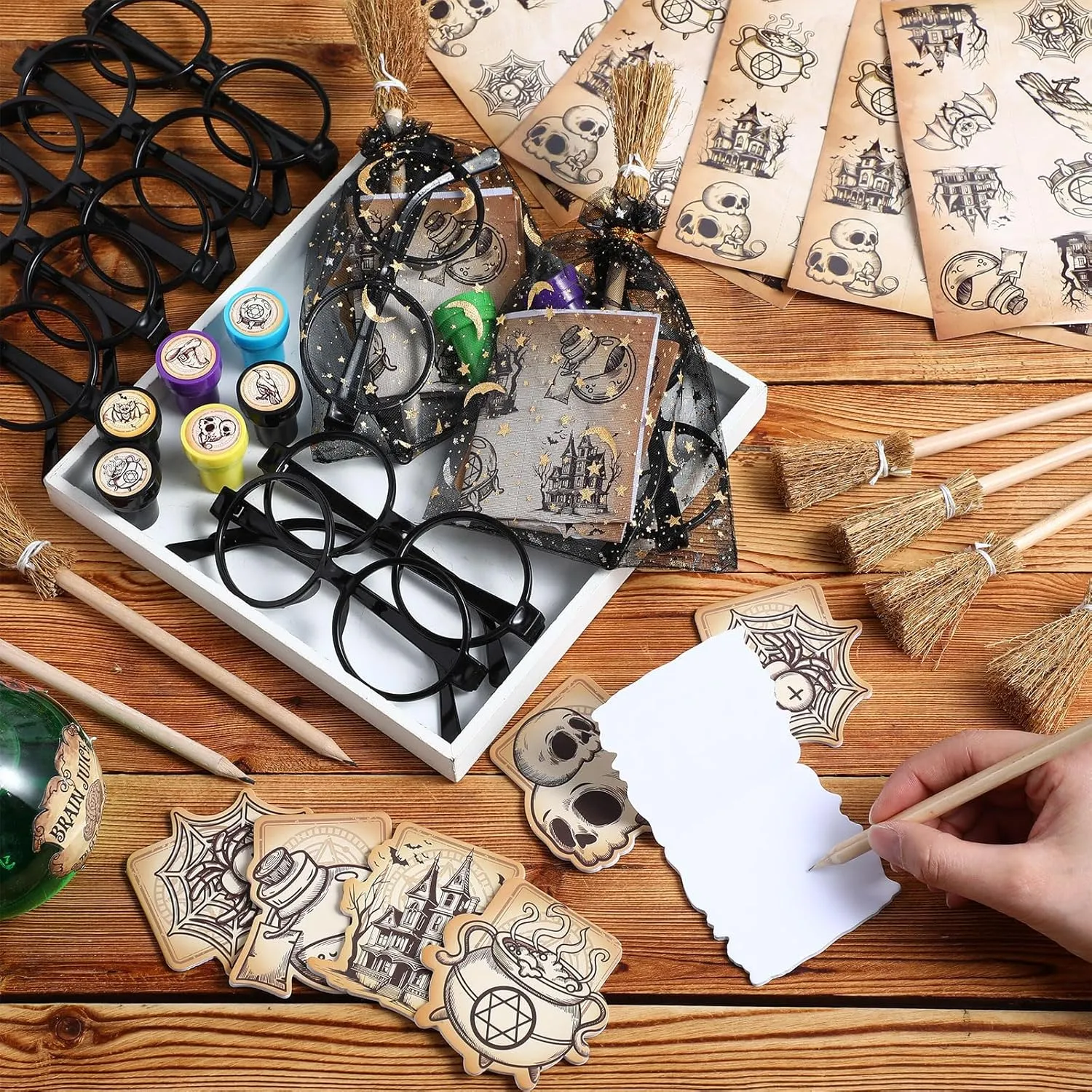Pasimy 144 Pcs Wizard Party Favors Birthday Decorations with Mini Notebook Black Glasses Pencil Stamp Sticker Gift Bag for Kids Wizard Magical Goody Bag Stuffer Classroom Prize Supplies (Witch Broom)