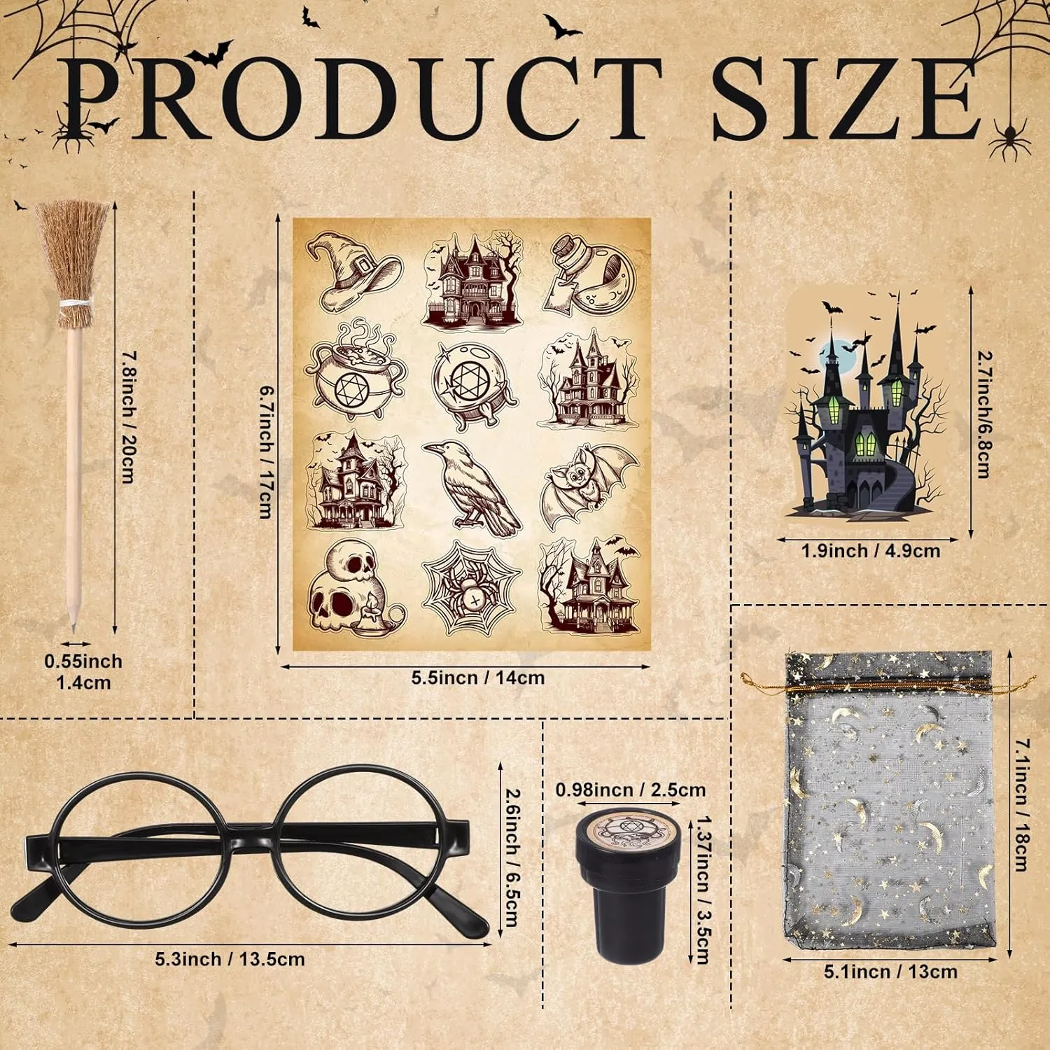 Pasimy 144 Pcs Wizard Party Favors Birthday Decorations with Mini Notebook Black Glasses Pencil Stamp Sticker Gift Bag for Kids Wizard Magical Goody Bag Stuffer Classroom Prize Supplies (Witch Broom)