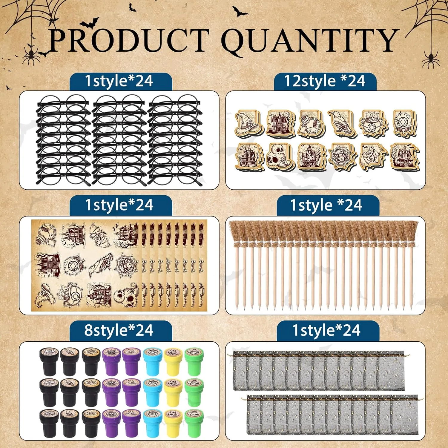 Pasimy 144 Pcs Wizard Party Favors Birthday Decorations with Mini Notebook Black Glasses Pencil Stamp Sticker Gift Bag for Kids Wizard Magical Goody Bag Stuffer Classroom Prize Supplies (Witch Broom)