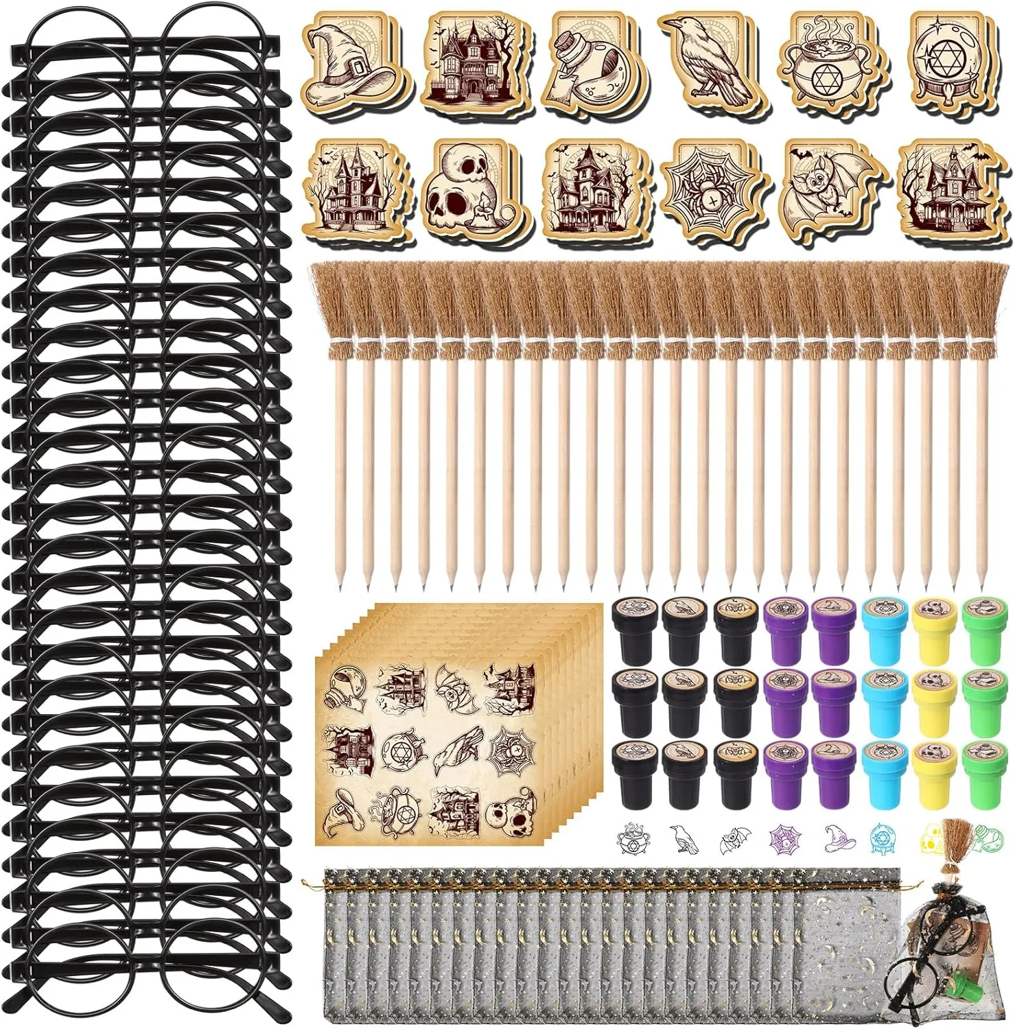 Pasimy 144 Pcs Wizard Party Favors Birthday Decorations with Mini Notebook Black Glasses Pencil Stamp Sticker Gift Bag for Kids Wizard Magical Goody Bag Stuffer Classroom Prize Supplies (Witch Broom)