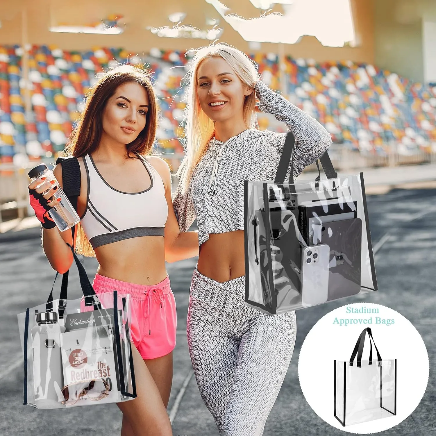Paterr 30 Pcs Clear Tote Bag Stadium Approved Bulk 10 x 10 x 4 inch Plastic Tote Gifts Bags with Handle for Women Sports Gym (Black)