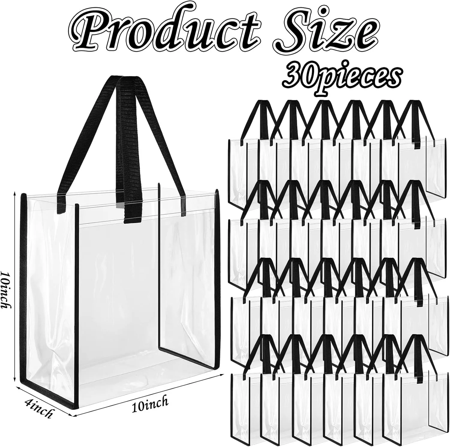 Paterr 30 Pcs Clear Tote Bag Stadium Approved Bulk 10 x 10 x 4 inch Plastic Tote Gifts Bags with Handle for Women Sports Gym (Black)