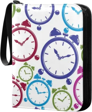 Pattern with Clocks Card Binder for Trading Cards, 4 Pocket with 50 Sleeves up to 400 Cards, Double Sided Pockets Card Holder Carry Case for Baseball Card, Football Card, Gaming Cards