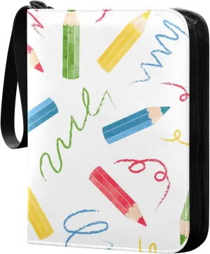 Pattern with Colorful Pencils Card Binder for Trading Cards, 4 Pocket with 50 Sleeves up to 400 Cards, Double Sided Pockets Card Holder Carry Case for Baseball Card, Football Card, Gaming Cards