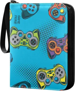 Pattern with Game Joystick Card Binder for Trading Cards, 4 Pocket with 50 Sleeves up to 400 Cards, Double Sided Pockets Card Holder Carry Case for Baseball Card, Football Card, Gaming Cards