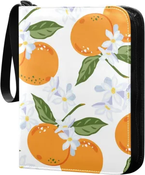 Pattern with Oranges and Flowers Card Binder for Trading Cards, 4 Pocket with 50 Sleeves up to 400 Cards, Double Sided Pockets Card Holder Carry Case for Baseball Card, Football Card, Gaming Cards